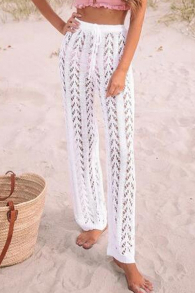 Creative Womens Pants Hollow Knit Drawstring Waist Sun-Protection Mid Waist Regular Fit 7/8 Length Straight Cover-up Beach Pants