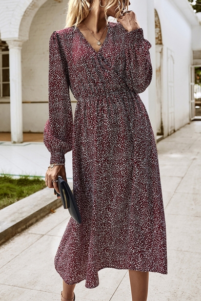 Elegant Women's A-Line Dress Ditsy Floral Printed V Neck Long Bishop Sleeves Maxi A-Line Dress