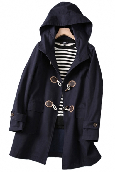 Elegant Women's Coat Plain Horn Button Flap Pockets Hooded Long Sleeves Relaxed Fitted Trench Coat