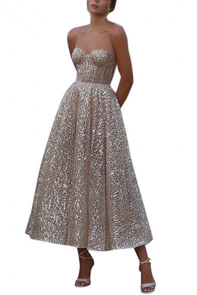 Elegant Women's Strapless Dress Glitter Design Sleeveless Zipper Back Regular Fitted A-Line Strapless Dress