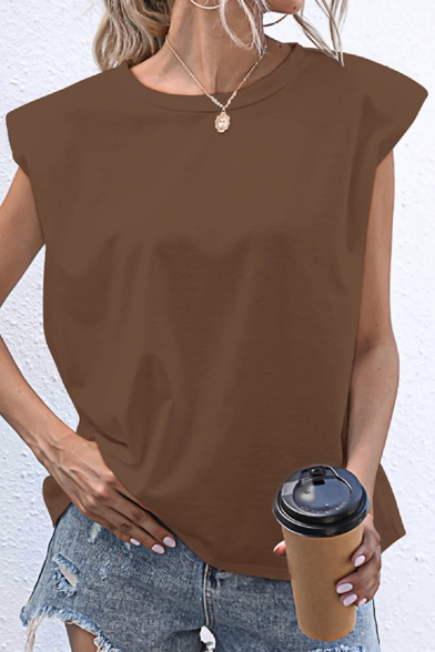 Elegant Women's T-Shirt Solid Color Horizontal Stripe Pattern Crew Neck Sleeveless Regular Fitted Tee Top