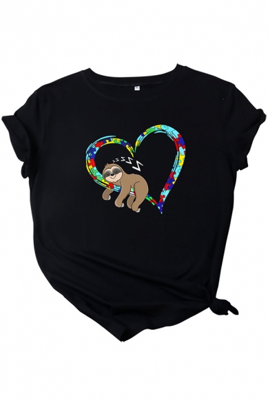 Fancy Women's Tee Top Cartoon Sloth Heart Multi Color Pattern Rolled Cuffs Crew Neck Short-sleeved Relaxed Fit T-Shirt