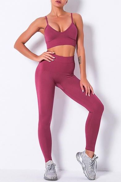 Fancy Womens Yoga Set Solid Color Spaghetti Strap V Neck Sleeveless Cropped Top with High Waist Skinny Pants Active Set