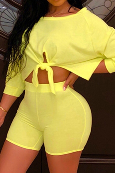 Leisure Women's Set Solid Color Tie Front Crew Neck Long Sleeves Regular Fitted Cropped Top with High Waist Shorts Co-ords