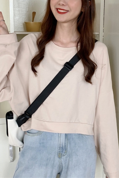 Leisure Women's Sweatshirt Solid Color Crew Neck Long Sleeves Cropped Relaxed Fit Sweatshirt