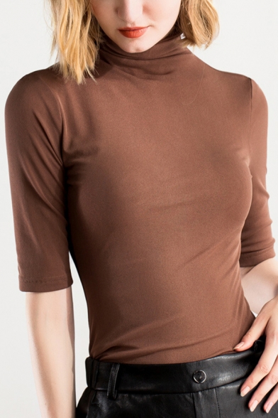 Leisure Women's Tee Top Plain High Neck Long Sleeve Fitted T-Shirt