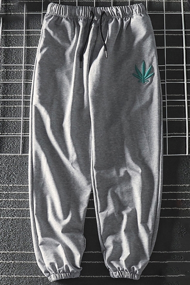 Mens Pants Stylish Weed Leaf Embroidered Cuffed Drawstring Waist Ankle Length Regular Fit Tapered Jogger Pants