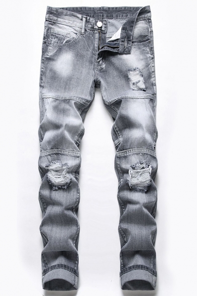 New Fashion Bleach Washed Rolled Cuff Distressed Ripped Mens Slim Stretch Fit Light Grey Jeans