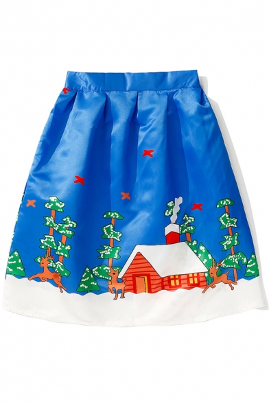 New Fashion High Waist Digital Christmas Pattern Midi Flared Skirt