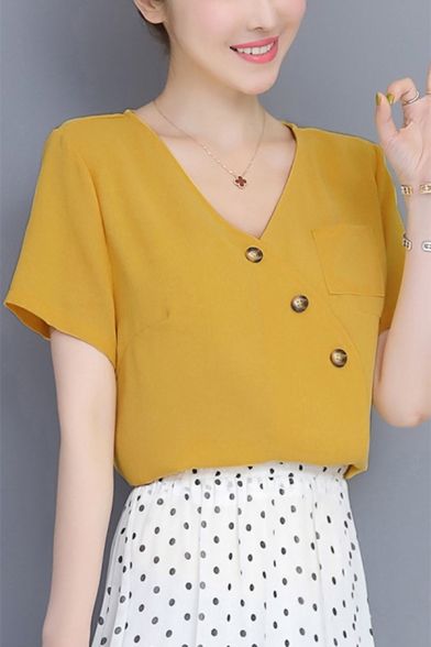New Stylish V-Neck Short Sleeve Simple Plain Button Front Pocket Detail Summer Blouse for Women