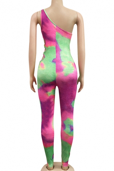 Retro Women's Jumpsuit Tie Dye Pattern Hollow out One Shoulder Slim Fitted Sleeveless Jumpsuit
