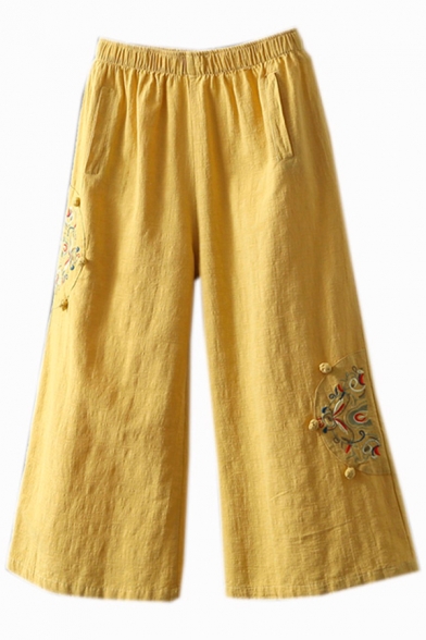 Retro Womens Pants Flower Vine Embroidery Applique Elastic Waist Full Length Relaxed Fit Wide Leg Lounge Pants