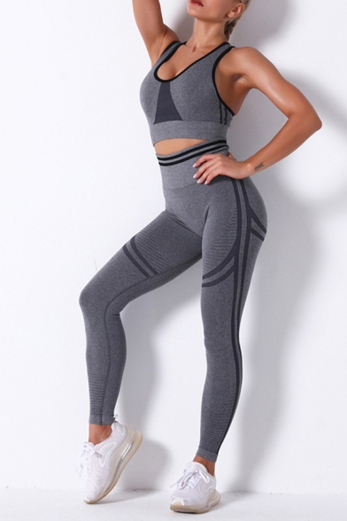 Sporty Womens Active Set Contrast Stitching Crew Neck Sleeveless Slim Fitted Crop Top with High Rise Skinny Pants Workout Co-ords