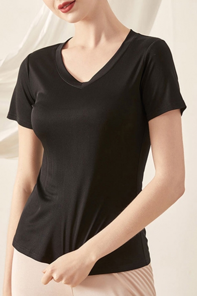Stylish Tee Top Contrast Hem V Neck Short Sleeves Slim Fit T-Shirt for Women