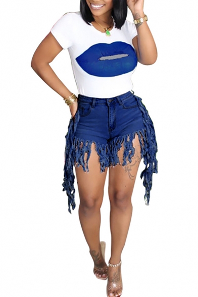 Stylish Womens Set Lip Pattern Crew Neck Long Sleeves Slim Fitted Tee Top with Tassel Detailed Shorts Co-ords