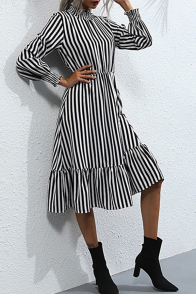 Women's A-Line Dress  Stripe Pattern Long Sleeves Regular Fitted Midi A-Line