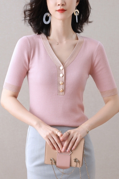 Trendy Women's T-Shirt Ribbed Knit Contrast Trim Button Detail Short-sleeved Slim Fitted Tee Top