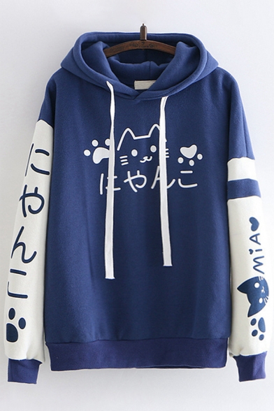 Unique Designer Long Sleeve Drawstring Cat Japanese Graphic Color Block Oversize Hoodie for Girls