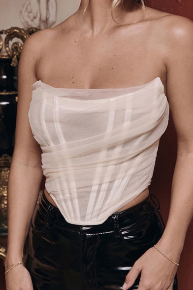 Unique Women's Tank Top Fish Bone Mesh Design Zipper Backside Strapless Asymmetrical Hem Slim Fitted Cami Top