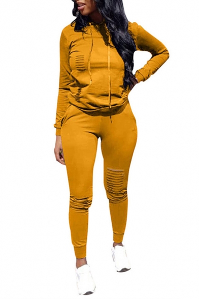 Unique Womens Co-ords Solid Color Long Sleeve Hoodie Ankle Length Tapered Pants Slim Fit Jogger Co-ords