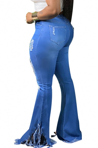 Unique Womens Jeans Medium Wash Ripped Fringe Hem Zipper Fly Regular Fit Long Bootcut Jeans