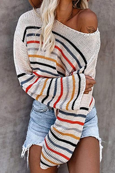 Unique Womens Sweater Rainbow Stripe Pattern Long Drop-Sleeve Relaxed Fitted Boat Neck Sweater