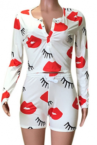 Vintage Womens Co-ords Lip Eyelash Print Long Sleeve Split Neck Tee Slim Fitted Shorts Lounge Co-ords