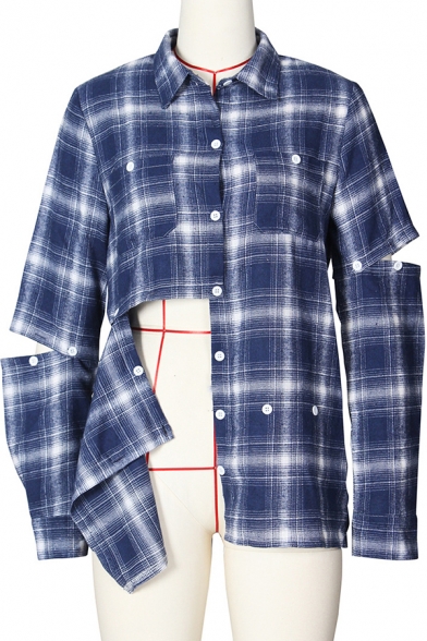 Womens Shirt Fashionable Plaid Pattern Button Detail Long Sleeve Spread Collar Slim Fit Shirt