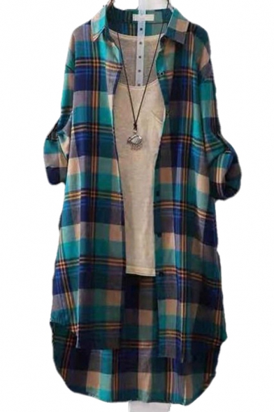Womens Shirt Fashionable Plaid Pattern Button up Tunic Point Collar Loose Fit Long Sleeve Shirt Jacket