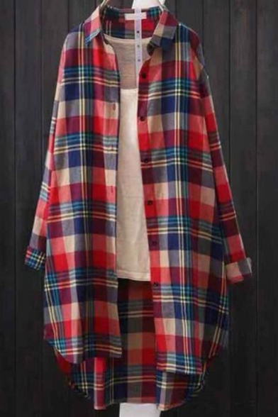 Womens Shirt Fashionable Plaid Pattern Button up Tunic Point Collar Loose Fit Long Sleeve Shirt Jacket