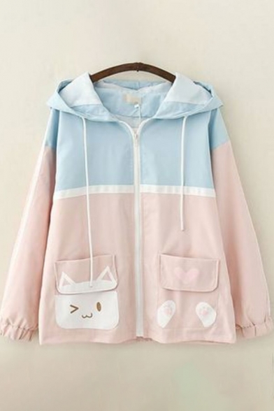 Womens Trench Coat Casual Color Block Panel Cartoon Cat Pattern Front Double-Pocket Zipper up Drawstring Hooded Loose Fit Long Sleeve Trench Coat