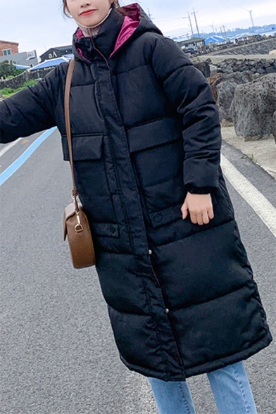 Womens Warm Plain Long Sleeve Flap Pocket Zip Up Longline Padded Puffer Coat with Hood