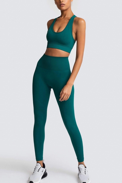 Basic Women's Yoga Set Seamless Solid Color Scoop Neck Sleeveless Cropped Slim Fitted Tank Top with High Waist Pants Co-ords