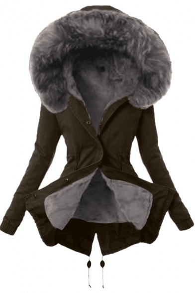 Basic Womens Coat Solid Color Split Drawstring Hem Fur-Trimmed Hood Zipper up Slim Fit Long Sleeve Mid-Length Parka