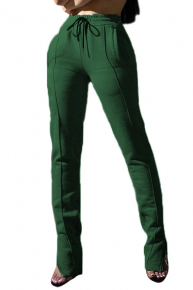 Casual Women's Pants Stripe Panel Side Pocket Solid Color Drawstring Elastic Waist Split Side Regular Fitted Long Pants