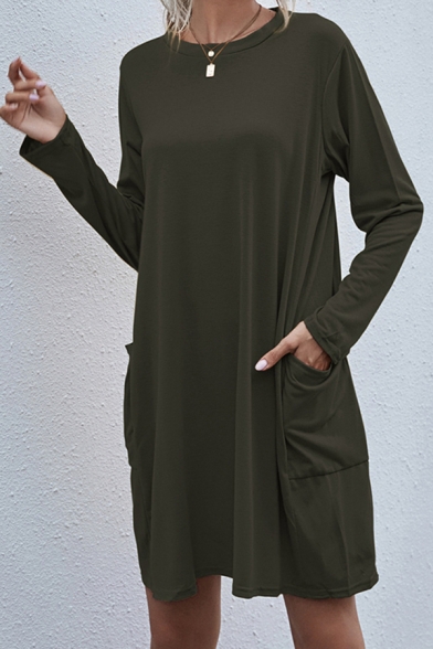 Casual Womens T-Shirt Dress Solid Color Front Pockets Round Neck Long Sleeves Regular Fitted T-Shirt Dress