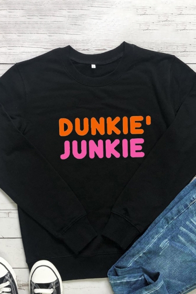 Cool Womens T-Shirt Letter Dunkie Junkie Print Regular Fitted Long Sleeve Crew Neck Tee Top
