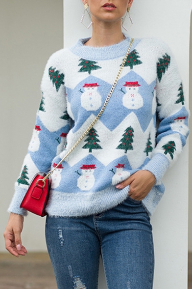 Cute Women's Sweater Snowman Tree Pattern Color Block Rib Cuffs Round Neck Long Sleeves Regular Fit Pullover Sweater