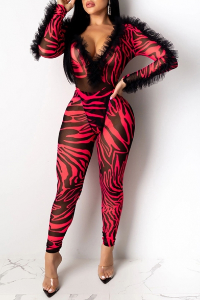 Elegant Women's Set Animal Skin Zebra Leopard Printed Mesh Ruffled Hem V Neck Long Sleeves Tee Top with Long Pants Co-ords