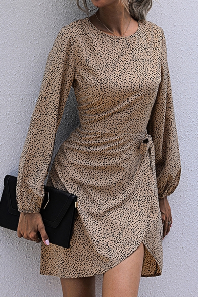 Fancy Womens A-Line Dress Leopard Dot Printed Bow Detailed Asymmetrical Hem Round Neck Long Bishop Sleeves Fitted A-Line Dress
