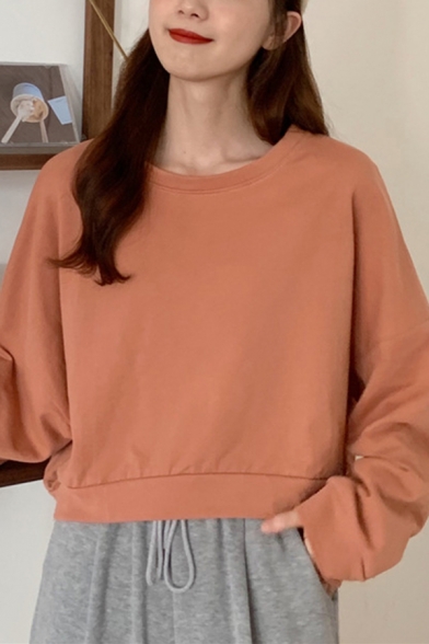 Leisure Women's Sweatshirt Solid Color Crew Neck Long Sleeves Cropped Relaxed Fit Sweatshirt
