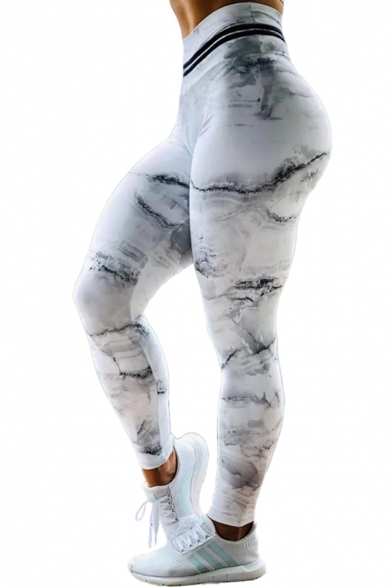 Leisure Women's Yoga Leggings All over Marble Print Contrast Stripe High Waist Full Length Skinny Fitness Pants