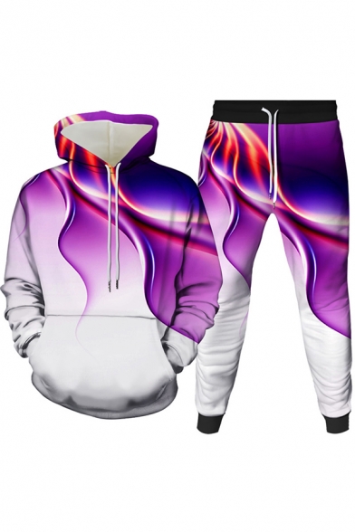 Mens Co-ords Fashionable 3D Colored Ribbon Pattern Slim Fitted 7/8 Length Tapered Pants Long Sleeve Hoodie Jogger Co-ords