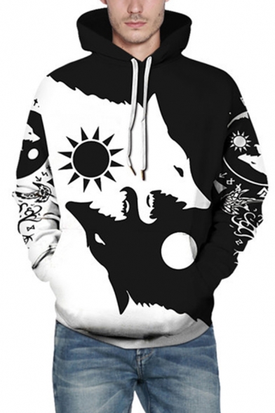 Mens Hooded Sweatshirt Fashionable Wolf Moon Sun Ying-Yang Print Drawstring Long Sleeve Slim Fit Hooded Sweatshirt