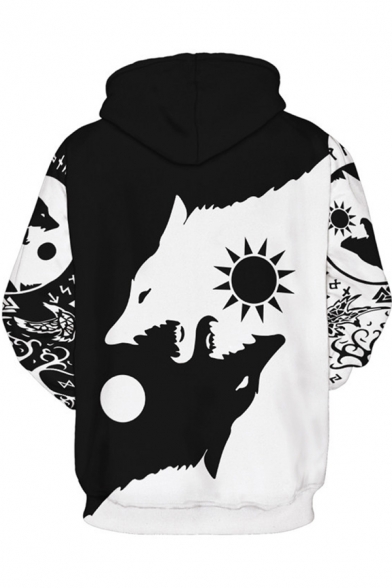 Mens Hooded Sweatshirt Fashionable Wolf Moon Sun Ying-Yang Print Drawstring Long Sleeve Slim Fit Hooded Sweatshirt
