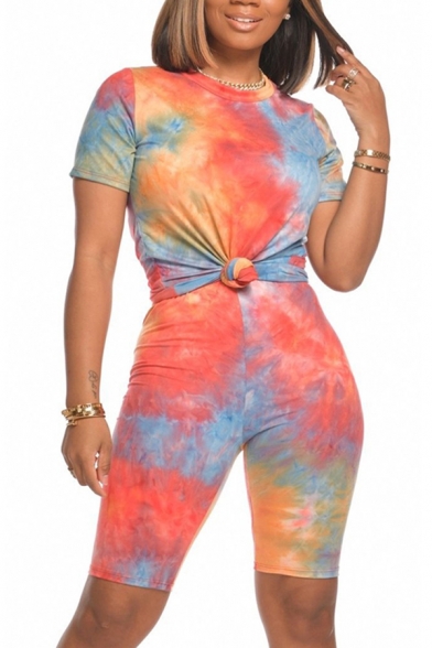 Novelty Womens Co-ords Tie Dye Short Sleeve Round Neck Tee Slim Fitted Shorts Lounge Co-ords