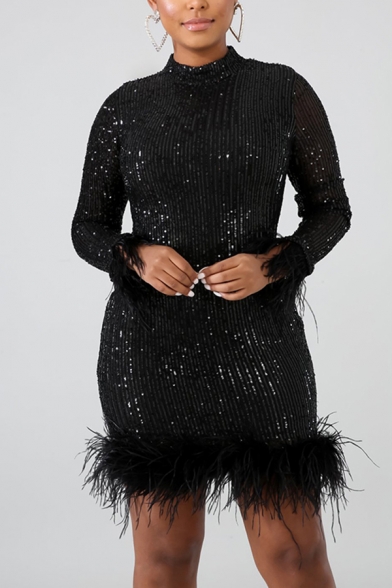 Novelty Womens Dress Feather Sequin Detail Stand Collar Long Sleeve Slim Fitted Short Bodycon Dress