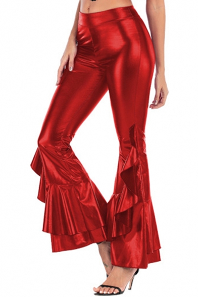 Novelty Womens Pants Metallic Layer Ruffle Hem High Rise Full Length Relaxed Fit Flare Relaxed Pants