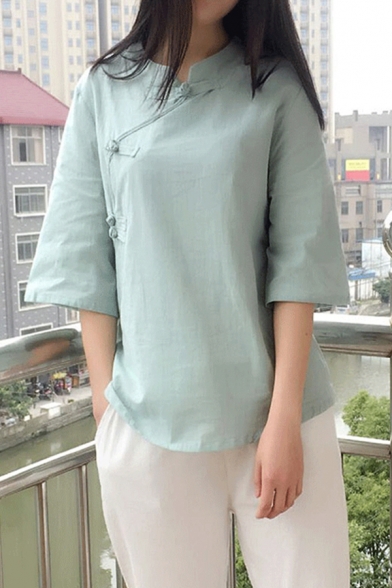 Novelty Womens Shirt Solid Color Cotton Linen Slanting Frog Button Detail 3/4 Sleeve Mandarin Collar Loose Fit Shirt