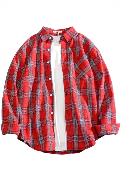 Retro Mens Shirt Plaid Pattern Curved Hem Button down Long Sleeve Turn-down Collar Loose Fitted Shirt with Chest Pocket
